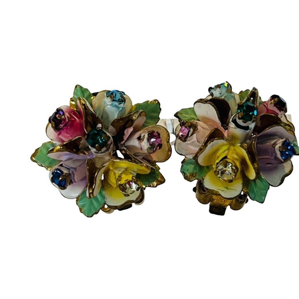 Vintage Austrian Pink Floral Multicolor Crystal Clip-On Earrings